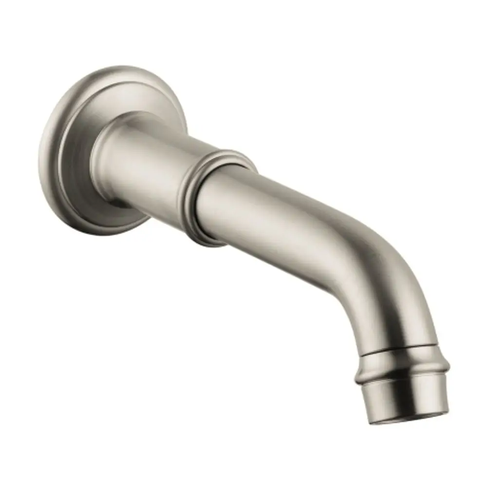 Wannenüberlauf aus gebürstetem Nickel mit einem geschwungenen Auslauf, montiert an einer Wand. Ein Produkt von AXOR, geeignet für Badezimmerarmaturen.